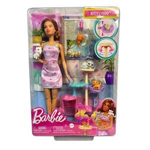 NEW IN BOX Barbie Kitty Condo,‎ Brunette with 4 Kittens, Cat Tree, accessories